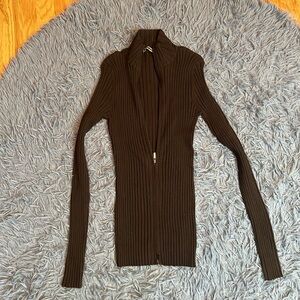 Essendi Dark Brown Ribbed Silk Full Zip Cardigan Sweater Size M